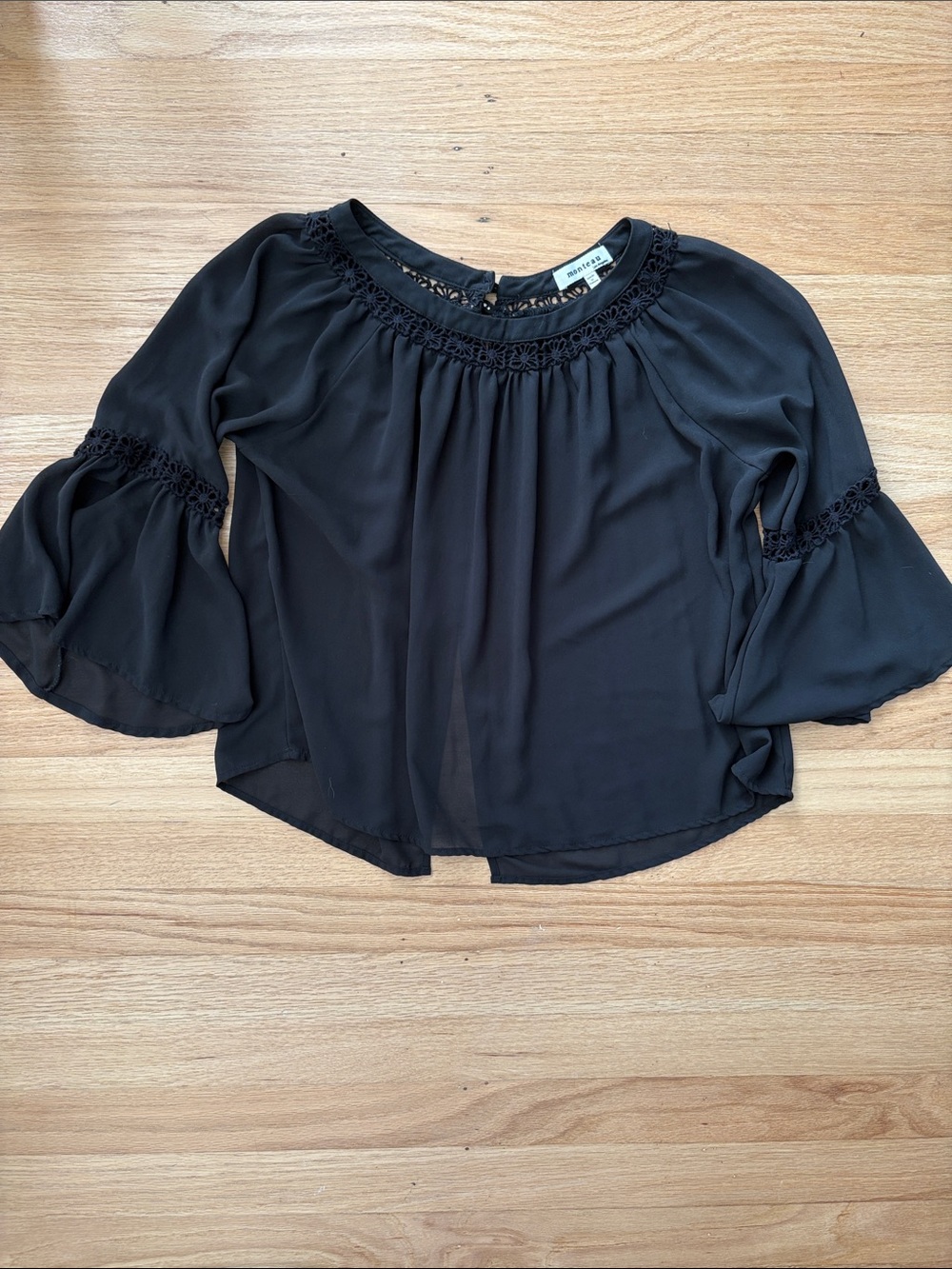 Monteau Black Crochet-Trim Bell Sleeve Blouse